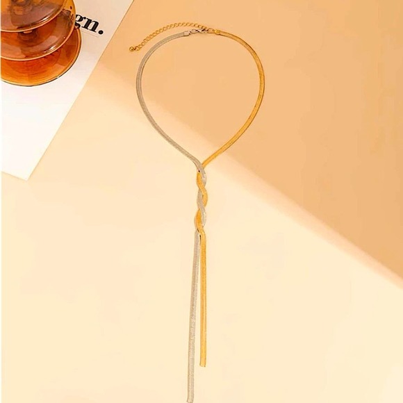 Y Lariat Two Tone Twisted Tassel Herringbone Necklace - Picture 6 of 7